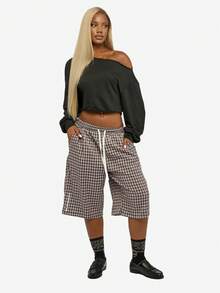 SUMWON WOMEN 休闲露肩短款运动衫长款灯笼袖毛边冬季秋季假日时尚套头衫基本款日常必备 - 黑色 - 查看 3