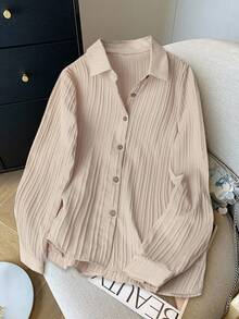 SHEIN Clasi Solid Button Front Shirt,Long Sleeve Tops - Apricot - View 1
