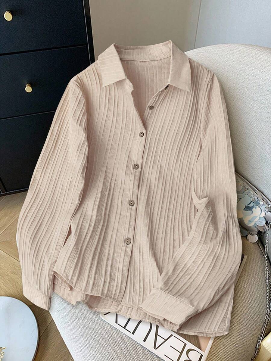 SHEIN Clasi Solid Button Front Shirt,Long Sleeve Tops - Apricot - View 1