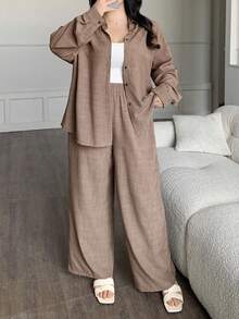 Dazy Plus 西式海滩度假纯色仿牛仔亚麻宽松休闲大码女式两件套，春秋 - 卡其色 - 查看 4