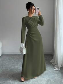 Elenzga 女士优雅正式办公室通勤休闲度假派对复古教师秋季中东风格纯色圆领腰部褶皱 A 字长袖超长连衣裙，浅黄色 - 軍綠色 - 查看 3