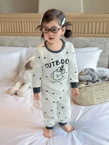 2 件套女童波尔卡圆点宠物狗图案柔软裤子和长袖舒适睡衣套装 - 杏色 - 查看 6