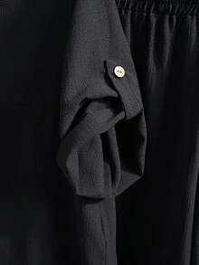 EMERY ROSE Plus Notched Neck Roll Tab Sleeve Top & Wide Leg Pants - Black - View 10