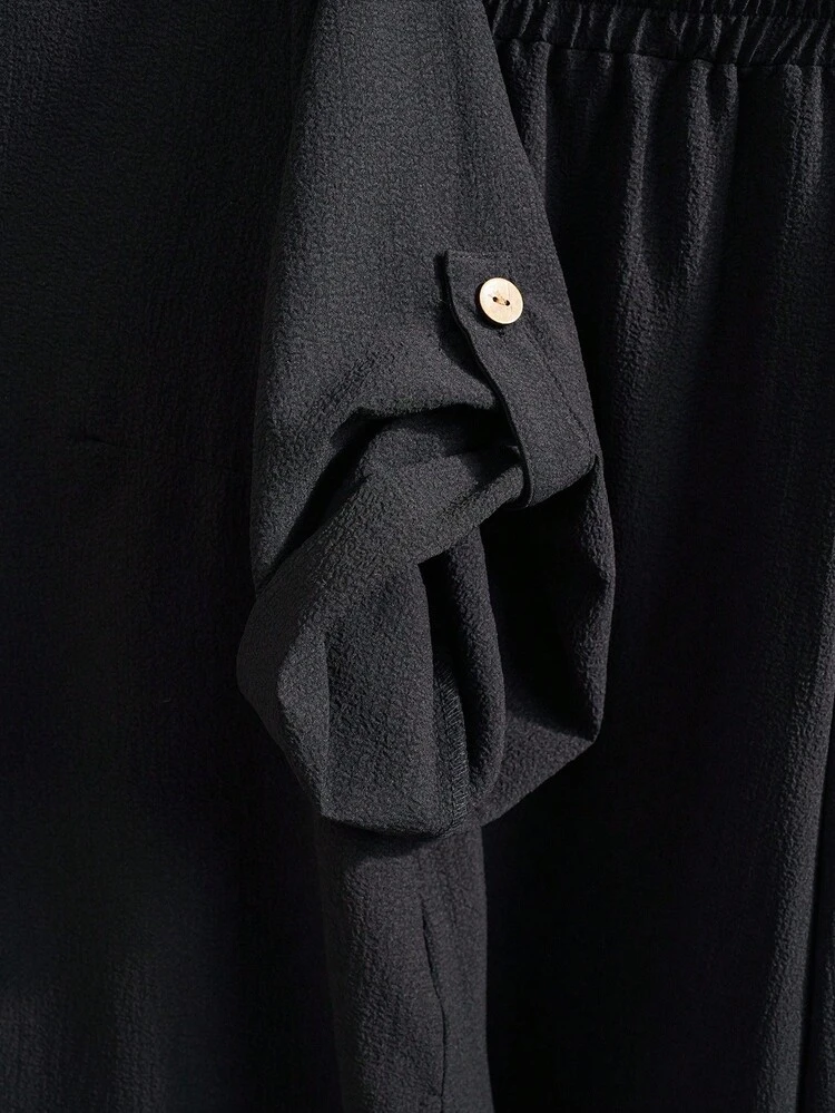 Plus Notched Neck Roll Tab Sleeve Top & Wide Leg Pants