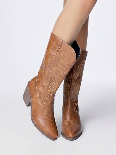 Women's Cowboy Boots, Chunky Heel Pointed Toe Embroidered Western Riding Boots, Leather Outdoor Fashion Slip-On Mid-Calf Boots