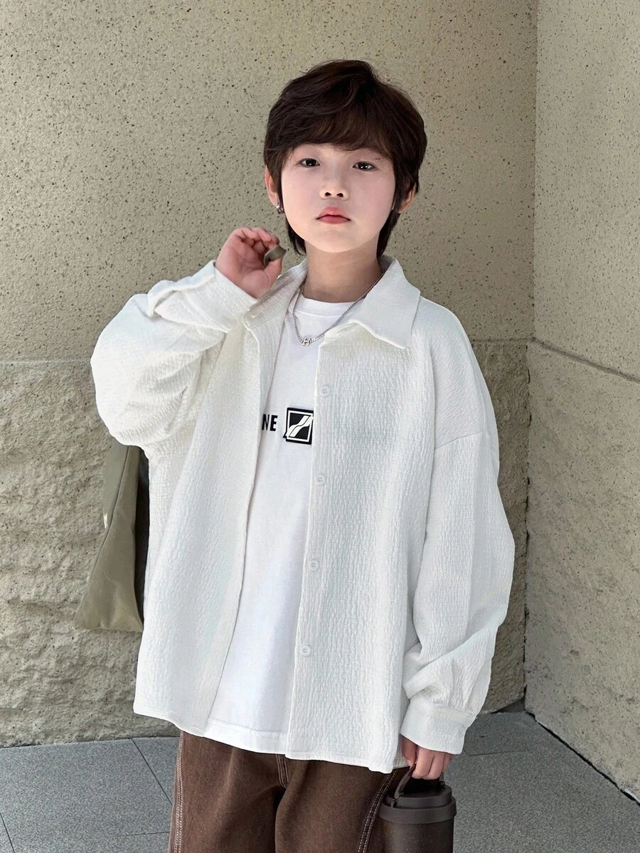 DAZY Tween Boys' Casual Loose Fit Solid Color Shirt, Autumn - White - View 1