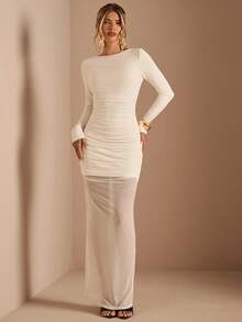 SHEIN BAE Women's Solid Apricot Round Neck Long Sleeve Waist Ruched A-Line Dress, Suitable For Cocktail Parties, Romantic Dates, Autumn/Winter Layering, Gatherings, Formal Events, Night Outings,Wedding Guest Dress For Women, Daily Elegant Outings, Party Dress, Wedding Guest Dress, Christmas Party Dress, Christmas Outfit, Holiday Dress