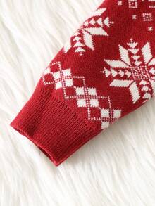 SHEIN 男婴/女婴休闲可爱雪花驯鹿圣诞铃铛圣诞树提花图案套头衫，适合秋冬季、居家、郊游、圣诞派对、丑陋的圣诞毛衣、家庭装、妈妈和我（3 件单独出售） - 紅色 - 查看 7