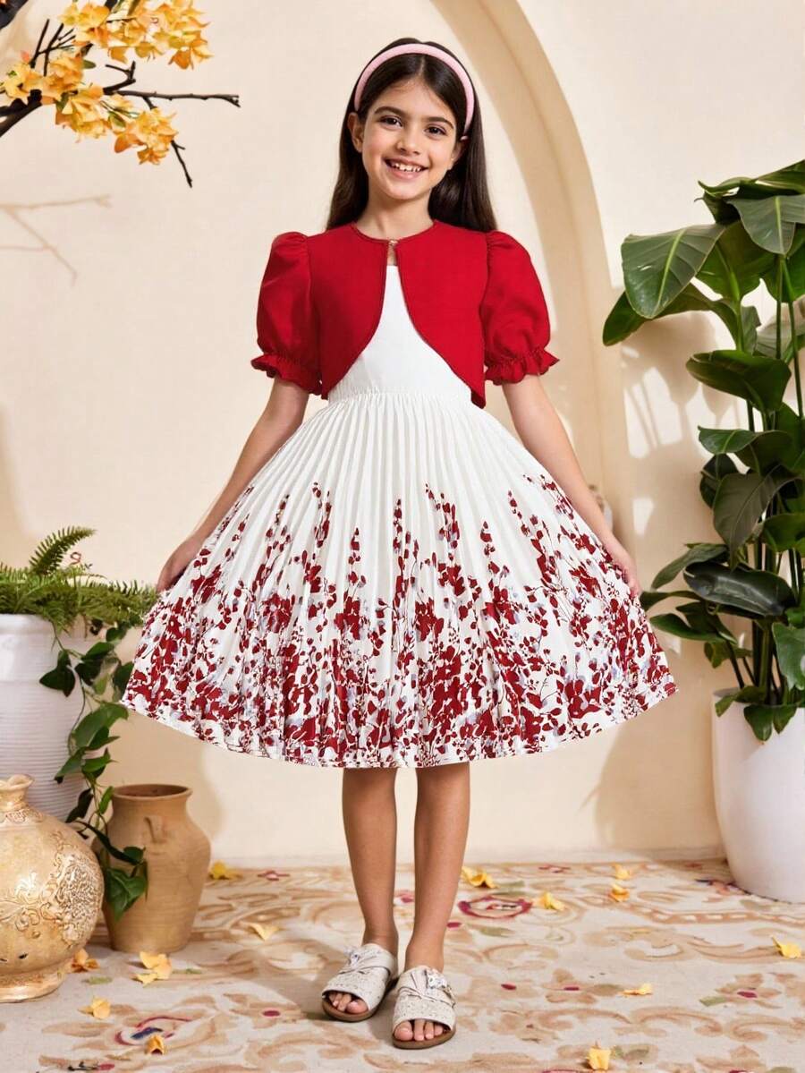 SHEIN 2pcs/Set Tween Girls Valentine's Day Floral Print Ruffle Dress With Puff Sleeve Cardigan, & Elegant, Spring/Summer - Multicolor - View 1