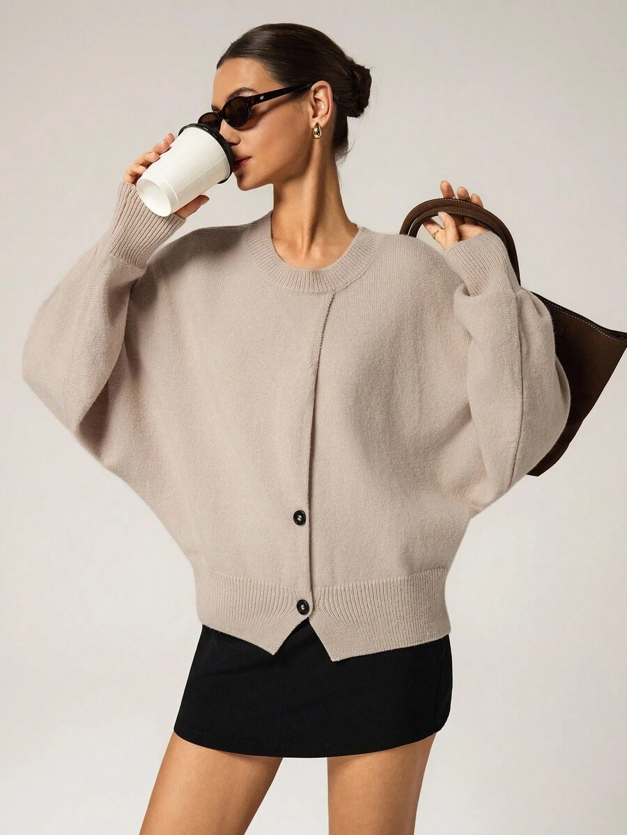 Hanevo 女士时尚下摆修身套头衫，秋冬 - 杏色 - 查看 1