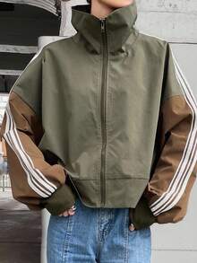 FRIFUL Women's Fall Contrast Side Stripe Casual Daily Loose Fit Long Sleeve Jacket,Back To School