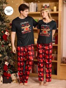 CoupledUp Conjunto de pijama de hombre con estampado navideño a cuadros y ciervos
