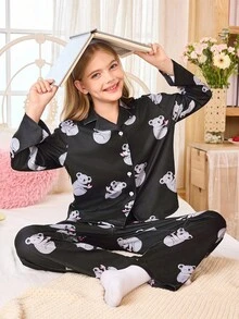 2 件套女童卡通印花连帽长袖上衣和裤子套装，适合家居服，春秋季 - 黑色 - 查看 4