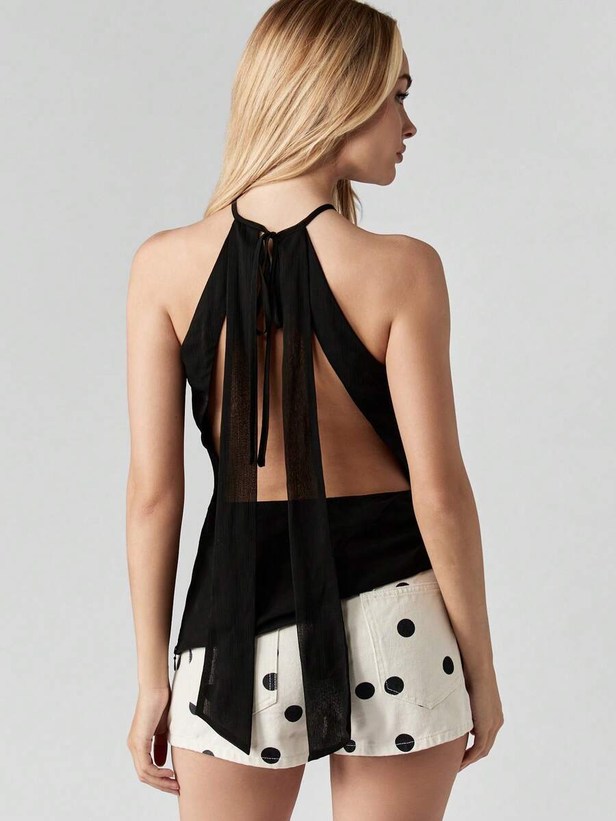 MISSGUIDED 露背雪纺吊带背心，垂坠式领口，后背系带设计，适合夏季派对场合 - 黑色 - 查看 1