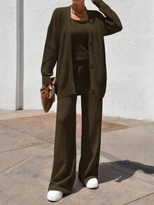 EURMUSE WOMEN 3 PiecesSET TOP CARDİGAN AND PANT - Army Green - View 4