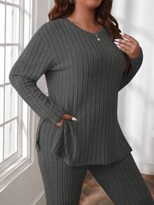 SHEIN Cottnline Plus Size Comfortable Knit Ribbed 2 Pieces Set - Dark Grey - View 6