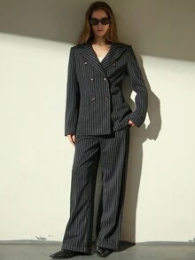 Aveloria Modichic 羊毛条纹双排扣简约优雅女士西装套装，秋冬 - 彩色 - 查看 2