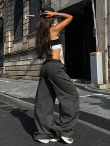 Coolane 女士四季皆宜的演唱会街头风 Y2K 复古外出黑色阔腿裤，黑色裤子 - 黑色 - 查看 6