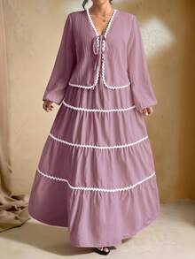 SHEIN Tall 加大码女式编织纹理长袖开衫，搭配系带腰带，撞色荷叶边下摆设计，松紧腰长裙，法式优雅浪漫两件套 - 淺灰紫 - 查看 3