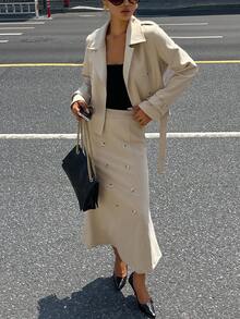 DAZY Women's Autumn Lapel NeckLong Sleeve Double-Breasted Jacket And Fish Tail Midi Skirt Elegant 2 Pieces Set - Khaki - View 3