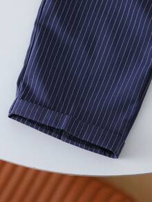 SHEIN Vintaside Kids 4-7 岁男童春秋衬衫套装，米色和棕色领扣长袖开衫上衣和条纹裤套装，返校校服，四季皆宜 - 藏蓝色 - 查看 8