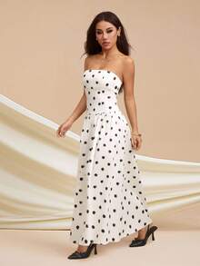 SHEIN PETITE 优雅公主风白色波点长裙，露肩休闲派对连衣裙，升级版适合娇小女性 - 白色 - 查看 7
