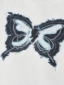 SHEIN Girlism 少女 Y2K 牛仔外观蝴蝶图案白色 T 恤和蓝色阔腿牛仔裤套装，少女暑假服装