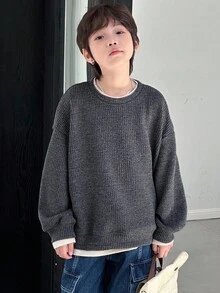 DAZY 秋季幼儿男童休闲宽松拼色套头衫 - 灰色 - 查看 5