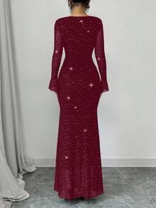 Rafferiza Đầm Maxi Dài Tay Xòe Xếp Ly Cổ Bất Đối Xứng Ôm Sát Thân Trước & Bên Hông Thanh Lịch Cho Nữ Màu Đen, Thu/Đông, Chất Liệu Vải Lưới Dệt Kim Jacquard Có Viền Bạc - Màu Đỏ Sâu - Xem 2