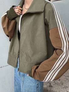 FRIFUL Women's Fall Contrast Side Stripe Casual Daily Loose Fit Long Sleeve Jacket,Back To School