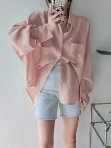 DAZY Women's Classic Solid Color Oversized Collar Shirt,Fall Clothes Long Sleeve Top - Dusty Pink - View 3