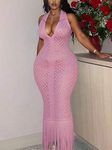 Slaydiva Đầm len dài không tay màu hồng trơn lãng mạn, cổ yếm, vạt tua rua, dành cho nữ, size lớn, mùa đông thu. - Hồng - Xem 2