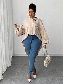 Maweii Áo sơ mi tay bồng cổ đứng dáng rộng cỡ lớn, thích hợp mặc đi làm, mùa thu/đông - Màu Khaki - Xem 5