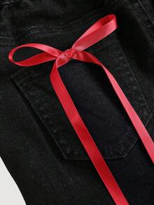 Girlism Tween Girl Y2k Vintage Cute Red Ribbon Bowknot Black Denim Mini Skirt Fall Winter,For Girls Fall/Winter Dailywear Outfits,Girls Streetwear Outfits,Halloween Outfits,Christmas Outfits,Winter Clothes,Teen Skirt,Christmas Skirt,Cherry Outfit,Red And Black Outfit For Girls, Girl Outfit Set,Cherry Sweater,Red Bow Skirt