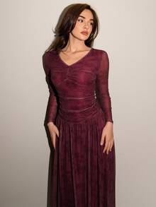 Modelyn Autumn Women's Wine Red Mesh V-Neck Ruched Front Waist Pleated Sexy Elegant Party Cocktail Dress - Burgundy - View 1