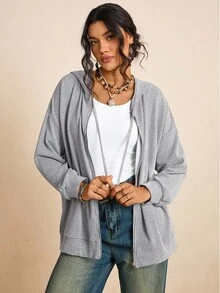 SHEIN LUNE Plus Size Drop Shoulder Drawstring Sweatshirt For Spring & Fall, Travel Airport Winter Jacket Winter Fall Grey Top, Chic Zip Up Sweatshirt, Country Look Going Out Tops Going Out Winter - Grey - View 8