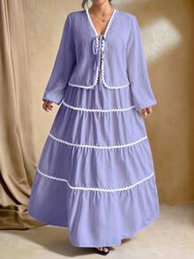 SHEIN Tall 加大码女式编织纹理长袖开衫，搭配系带腰带，撞色荷叶边下摆设计，松紧腰长裙，法式优雅浪漫两件套 - 紫丁香色 - 查看 3