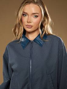 MISSGUIDED Giacca bomber da donna a quadri con maniche a palloncino, con chiusura lampo corta, moda autunno inverno, con colletto blu navy