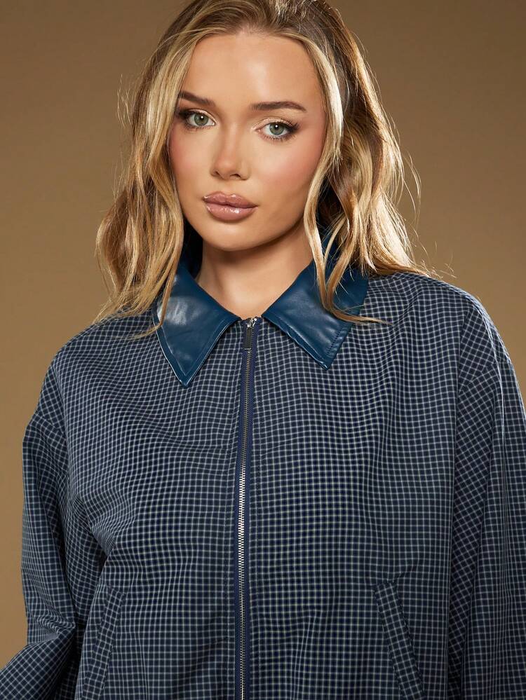 MISSGUIDED チェック柄ボンバージャケット レディース パフスリーブ クロップド ジップアップ ファッション 秋冬アウター ネイビーカラー