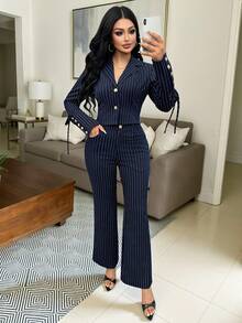 Chiquease 女士优雅条纹翻领长袖夹克和喇叭裤套装，秋季 - 藏蓝色 - 查看 3