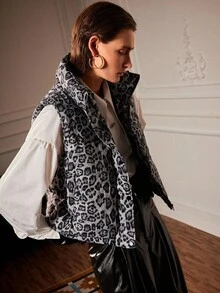 Chiquease Palton căptușit cu imprimeu digital și fermoar fără mâneci pentru femei - Alb-negru - Vizualizare 4