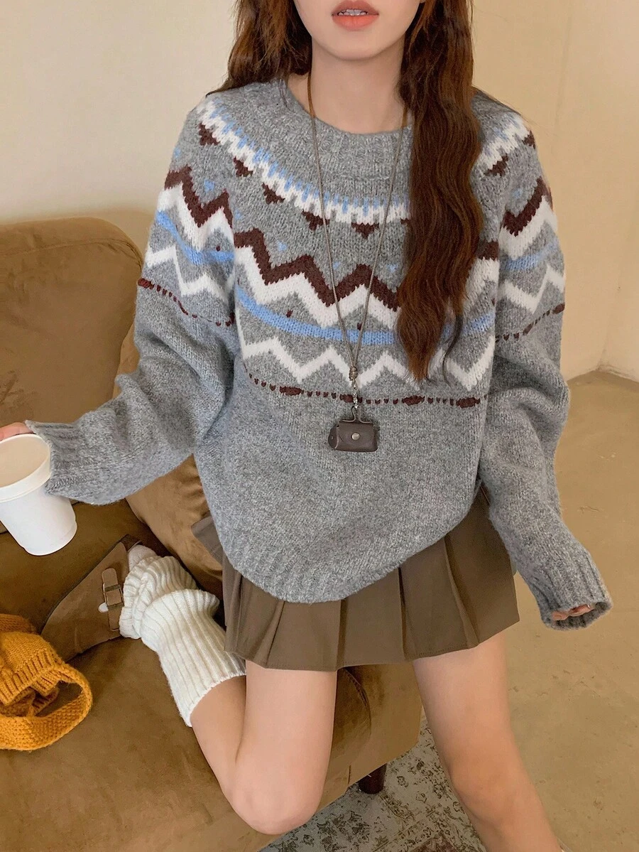 DAZY 女士宽松休闲圆领毛衣，秋冬新品 - 灰色 - 查看 1