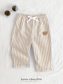 Cozy Pixies Baby Boy Elastic Waist Casual Pants With Decorative Ribbon, Comfortable & Versatile Fall