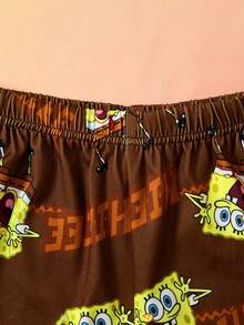 SpongeBob SquarePants | SHEIN 2pcs Tween Girl Cartoon Graphic Print Loose Fit Round Neck Short Sleeve Top And Shorts, Casual Summer Knit Flame Retardant Pajama Set