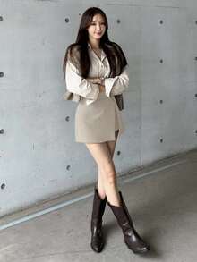 DAZY Women's Solid Color Side Slit Shorts, All Season - Beige - View 3