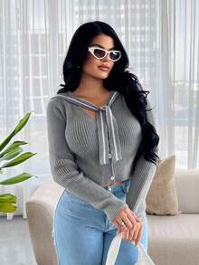 SHEIN SXY 2 件套女士休闲长袖毛衣和打结披肩套装秋冬女士服装 - 灰色 - 查看 7