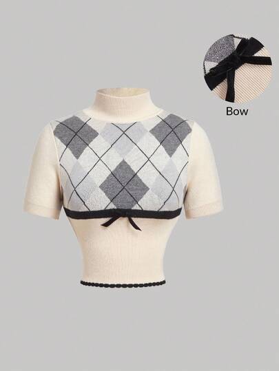 SHEIN MOD 立领双色千鸟格修身优雅短袖针织毛衣，冬季毛衣，叠穿毛衣，学院风毛衣，新年服装