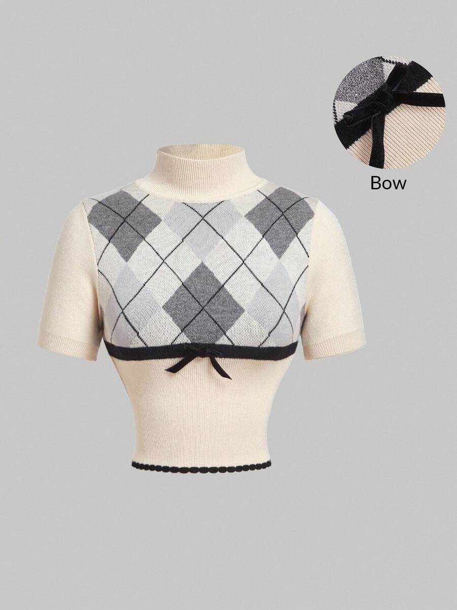 SHEIN MOD 立领双色千鸟格修身优雅短袖针织毛衣，冬季毛衣，叠穿毛衣，学院风毛衣，新年服装 - 彩色 - 查看 1
