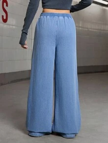 Sparklyn Pantaloni casual larghi in denim medio-blu lavato per ragazze adolescenti, vita elastica asimmetrica, gamba dritta morbida e comoda, adatti per uso quotidiano, scuola, festival e occasioni all'Aperto - Blu lavato medio - Visualizzare 2