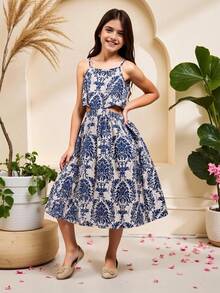 SHEIN Tween Girl 植物印花镂空腰部休闲吊带连衣裙 - 彩色 - 查看 3